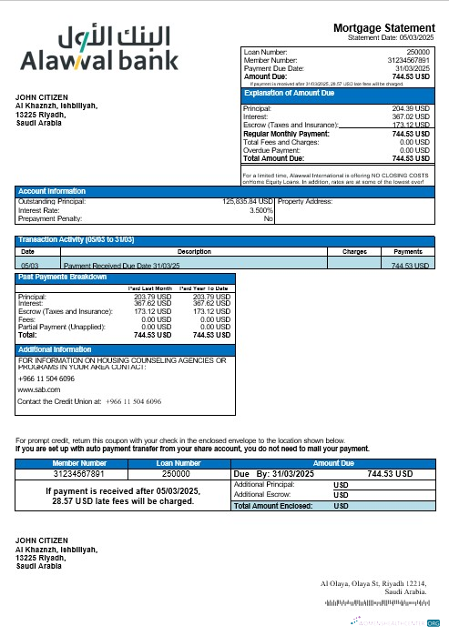 Download Saudi Arabia Alawwal bank mortgage statement in Word and PDF formats Photoshop template